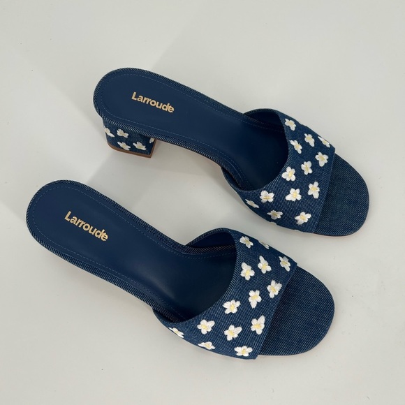Larroude Brigitte Denim Flower Daisy Embroidered Mules - Picture 1 of 8